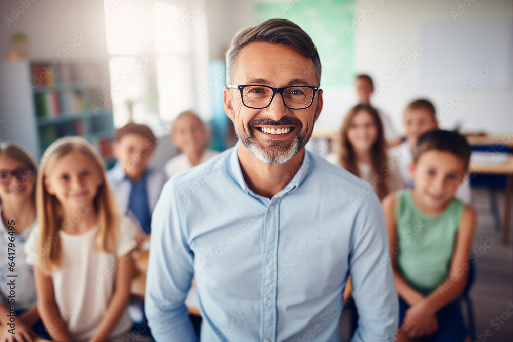 Generative AI portrait of confident male teacher looking at camera schoolkids on background in class room at the elementary school Generative AI portrait of confident male teacher looking at camera schoolkids on background in class room at the elementary school