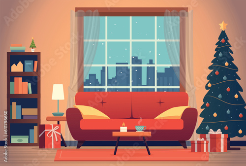 Empty living room with christmas tree and decoration.  Cozy living room for the christmas winter holidays in flat style. Vector stock