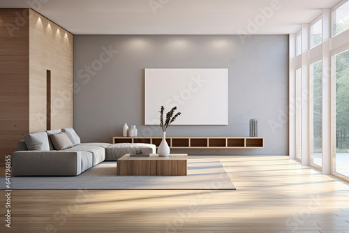 Warm tones of modern living room interior with minimal art decor design, Home interior concept, contemporary room.