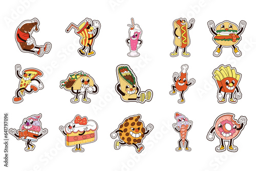 Set Fast Food Character Isolated Retro Cartoon Vector