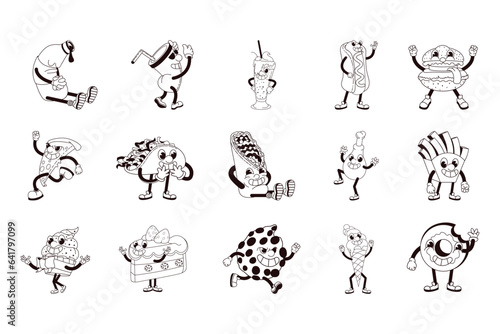 Set Fast Food Character Isolated Retro Cartoon Vector