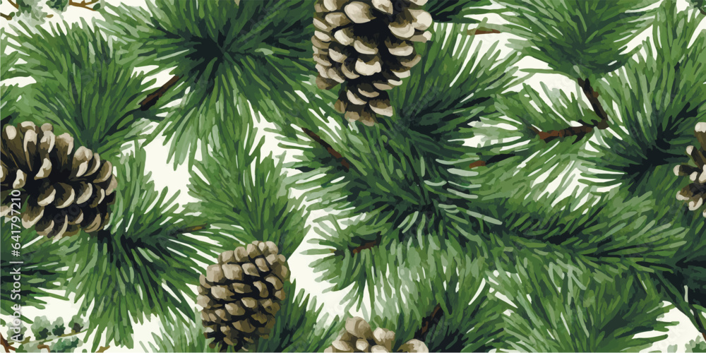 Fototapeta premium Christmas seamless pattern, white background. Green pine twigs, cones, berries. Vector illustration. Nature design. Season greeting digital paper. Winter Xmas holidays
