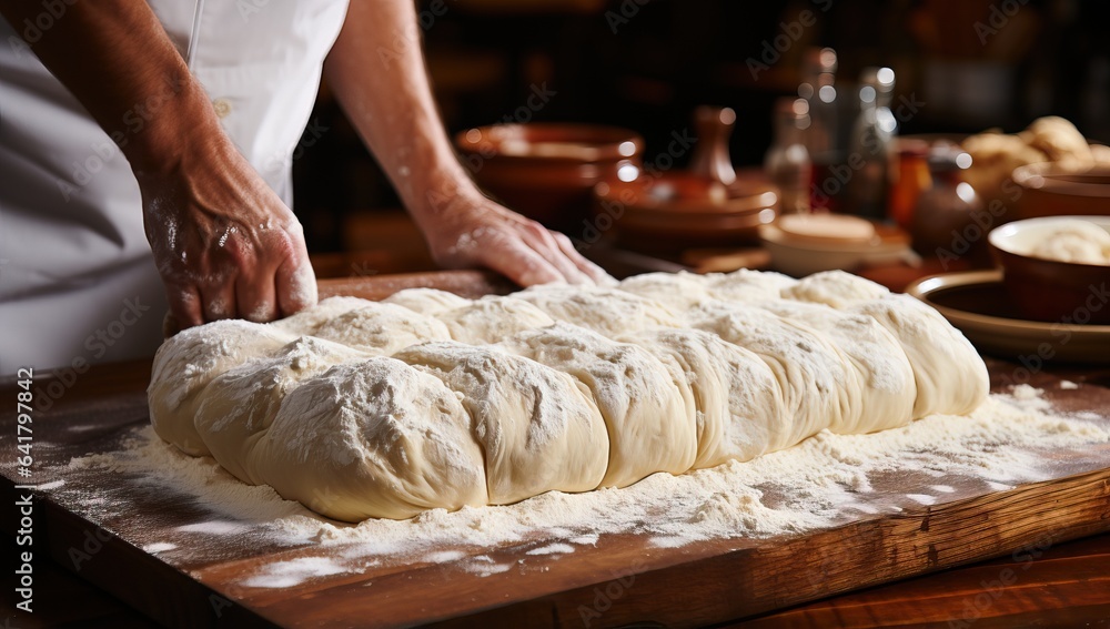 Female hands kneading dough on wooden board in bakery, closeup