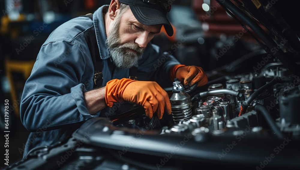 auto mechanic repairing car engine in auto repair shop. auto mechanic repairing car engine in auto repair shop.