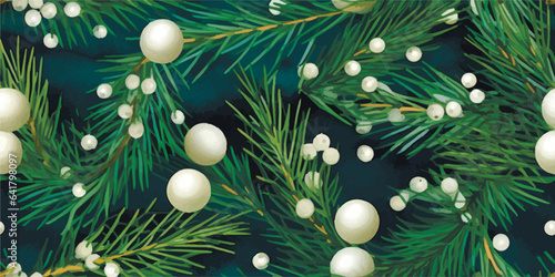 Seamless vector winter pattern. Wintery cedar bough pattern, pearls, pine, foliage