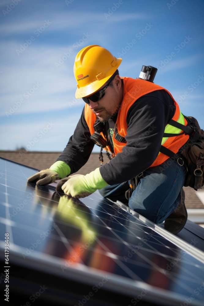 Construction worker installs solar panels on the roof of a house. Generative AI Construction worker installs solar panels on the roof of a house. Generative AI