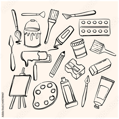 Hand drawn set of artist tools doodle. Art supplies in sketch style. Easel, brushes, paint, pencils. Vector illustration isolated on white background.