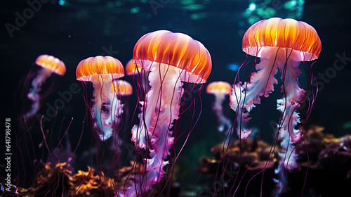 Mesmerizing Jellyfish Dance in Aquarium Darkness. Generative AI