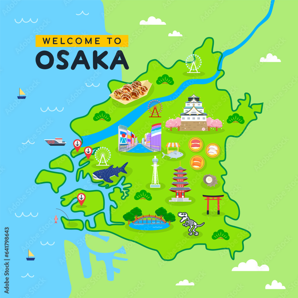 Fototapeta premium Japan Osaka map vector illustration. Welcome to Osaka. Beautiful tourist attraction.