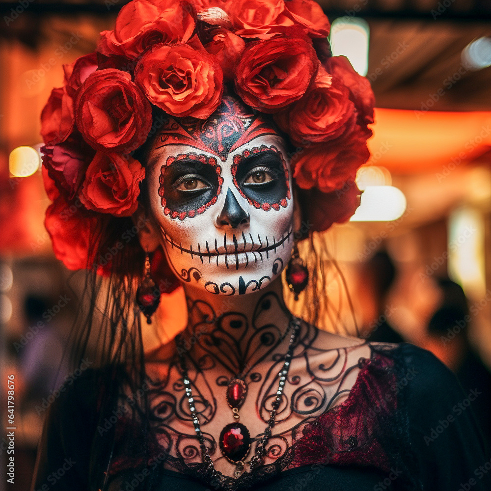 Women with painted skulls on faces against dark color background. Celebration of Mexico's Day of the Dead (El Dia de Muertos)