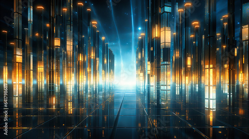Shimmering pillars representing server stacks