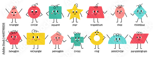 Vector basic geometric figures with face. Trendy different geometric shape characters. Cute funny smiling shape characters for teaching kids and children. Design for school and kindergarten learning.