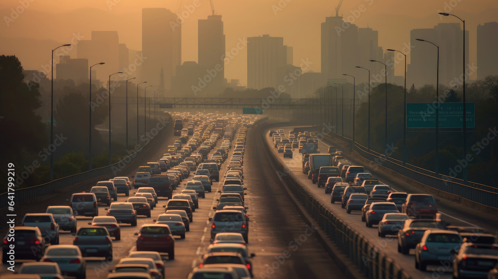 traffic jam with row of cars on highway, during rush hour. Generative Ai traffic jam with row of cars on highway, during rush hour. Generative Ai