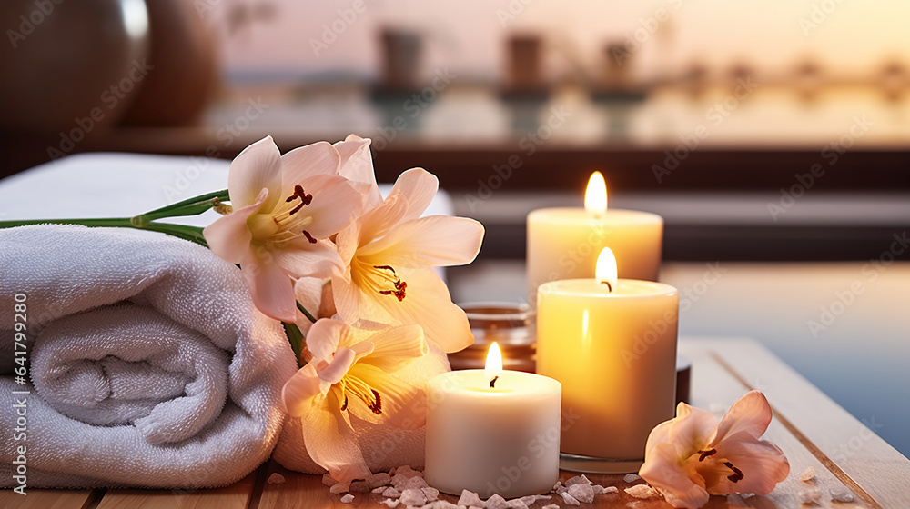 Spa setting with freesia, towel, burning candles and salt. Generative AI