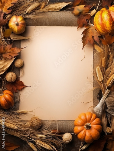 Fototapeta Naklejka Na Ścianę i Meble -  rustic vintage background design as letter paper with frame made of pumpkins, chesnuts, leafs and autumn elements, fall wallpaper for menu, announcements and season invitations