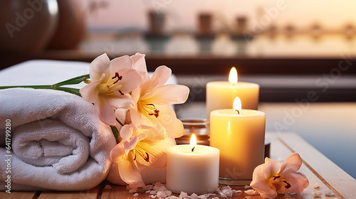 Spa setting with freesia  towel  burning candles and salt. Generative AI
