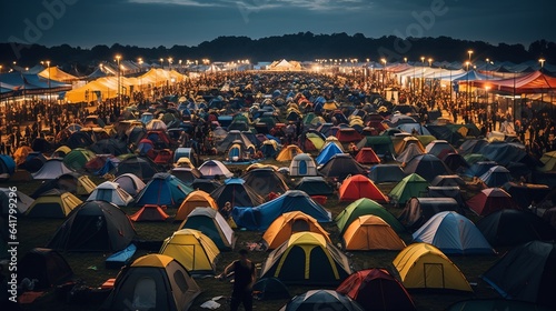 Tent city. Shot of a campsite filled with many colorful tents at an outdoor festival, concept of music festival and camping events.
