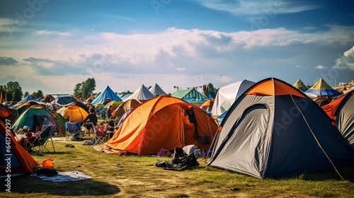 Tent city. Shot of a campsite filled with many colorful tents at an outdoor festival  concept of music festival and camping events.