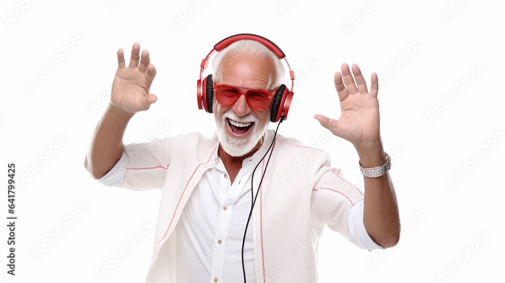 Senior man dancing and listening music isolated on whtie- Hipster male having fun dancing and celebrating life  - Happiness, technology and elderly lifestyle people concept