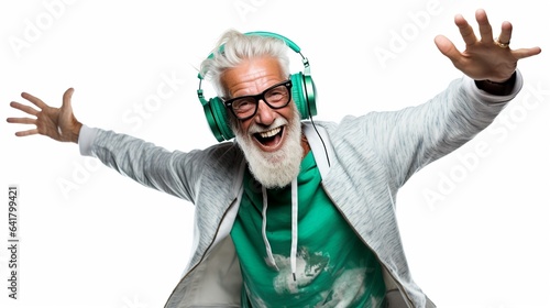 Senior man dancing and listening music isolated on whtie- Hipster male having fun dancing and celebrating life - Happiness, technology and elderly lifestyle people concept