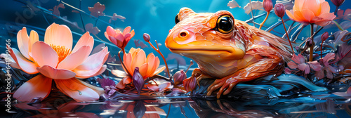 Ein Frosch im See umgeben von Blumen. Generiert mit KI