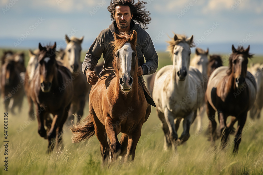 Fototapeta premium Adept Horse Whisperer: Guiding Wild Horses in Sunlit Open Field