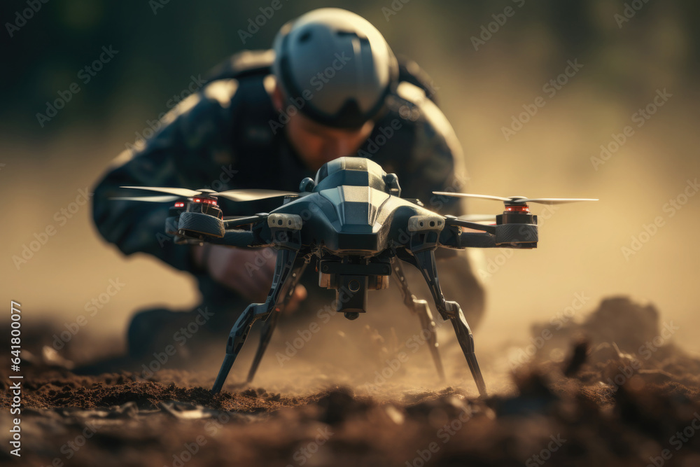 Soldier launches reconnaissance drone. Modern technology at war. Military forces using fight quadcopter at conflict zone - obrazy, fototapety, plakaty 