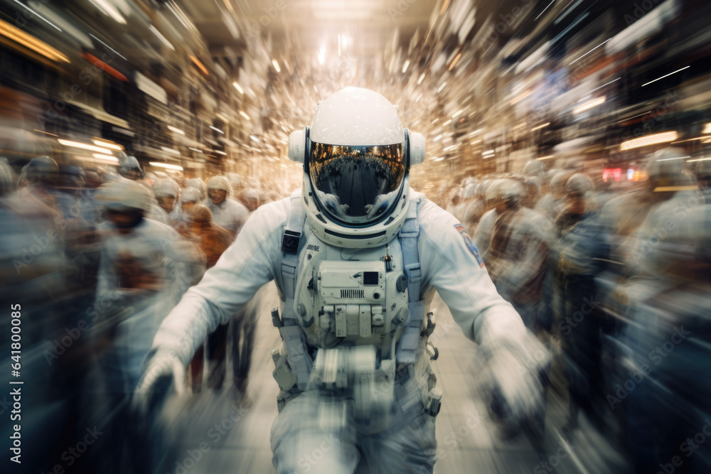 Astronaut wearing space suit at crowded street in rush hour. Lonely space man among people in city with motion blur effect Astronaut wearing space suit at crowded street in rush hour. Lonely space man among people in city with motion blur effect