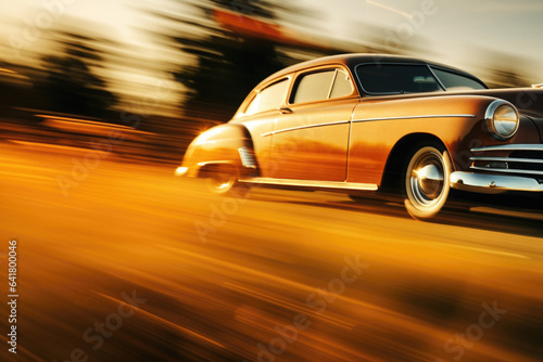 Car is driving on country road with motion blur effect. Retro car is moving at high speed in natural landscape