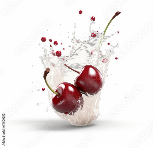 Cherry in milk splash, isolated on white background. 3d illustration