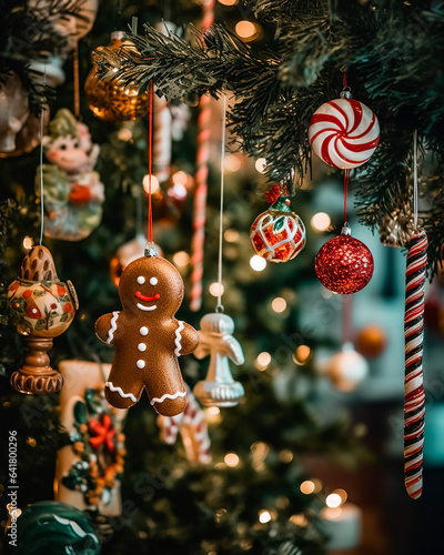 Close-up of a Christmas tree decorated with baubles, lights, gingerbread and candies. photo