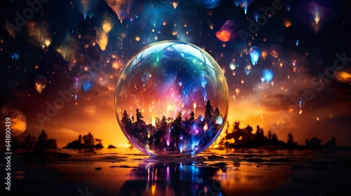 Starry Night Explosion: Shimmery Color Bursts in Glass Bubble, generative Ai © Aleksandr