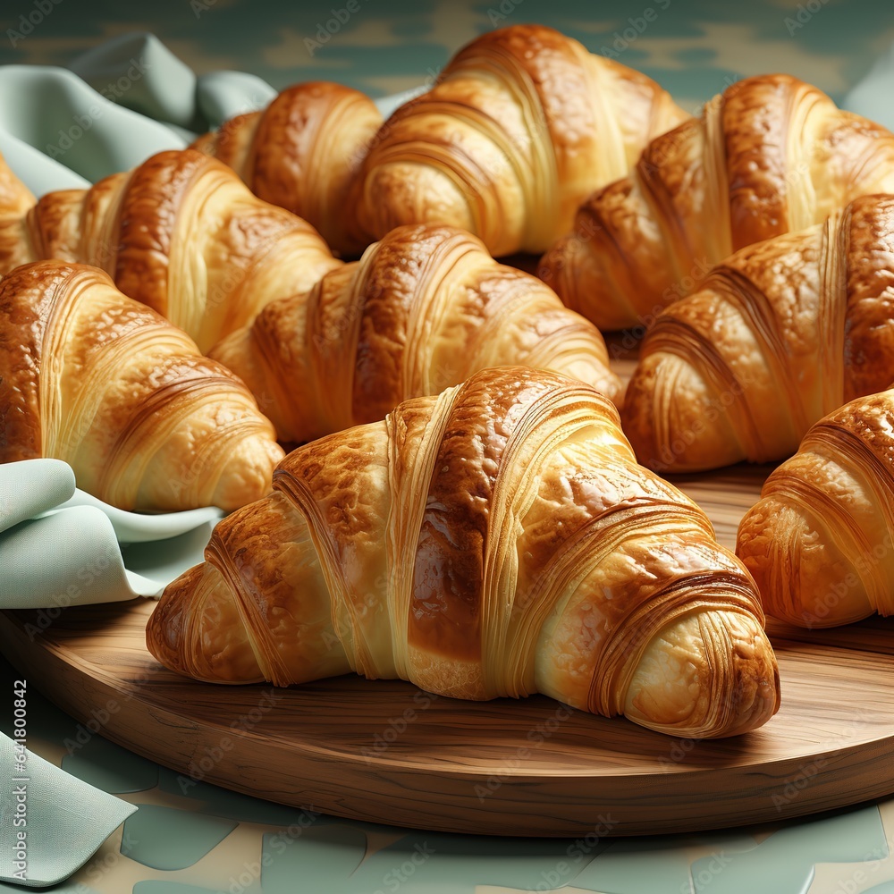 Freshly baked croissants on wooden board, close-up