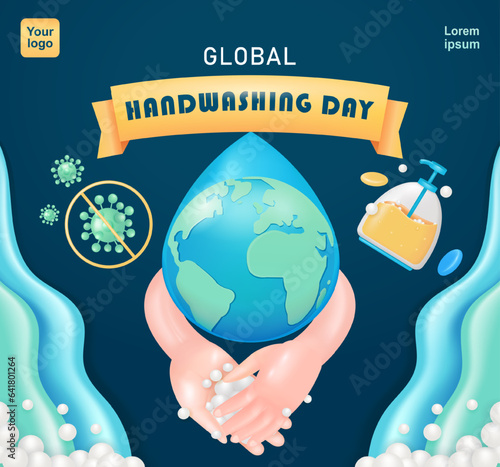 World Handwashing Day. Hand washing with soap until it foams, with elements of water droplets, globe, virus and soap. Prevent virus infection, 3d vectors. Suitable for education