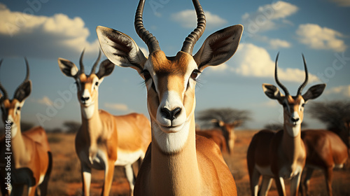 African Elegance. A herd of springbok looking at the camera. Wild african animals. Generative AI photo