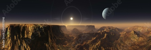 Mars from orbit, panorama of Mars, Marsim landscape, sunrise over Mars, 3D rendering