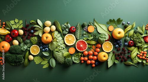 Papercut style fruit and vegetable background. World vegan day. Green background and copy space photo