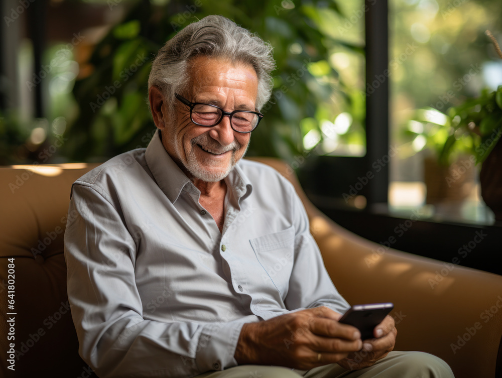 Obraz premium 70 years old man sitting with cellphone in hand.