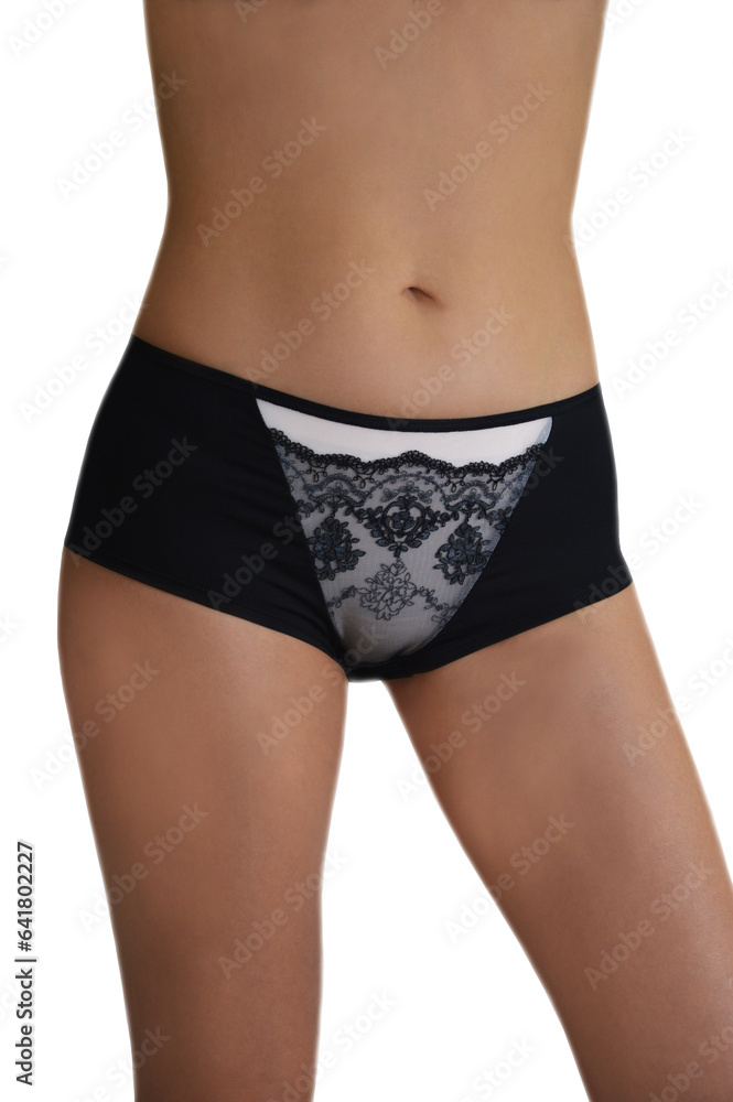 Lingerie. Black lace panty briefs on a slender model isolated on a white background. Lingerie. Black lace panty briefs on a slender model isolated on a white background.