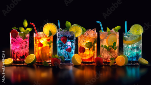 Colorful Mocktails: Creative Images of Vibrant and Alcohol-free Mocktails, Garnished with Fresh Fruits, Herbs, and Colorful Straws, appealing to Non-Alcoholic Beverage Enthusiasts. Ai Generated 8K.