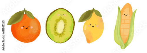 Cute Kawaii Fruits set. Lemon, orange and kiwi illustration on transparent background. Funny and colorful illustration for posters, stickers, getting card, menu, banner, invitation, decoration
