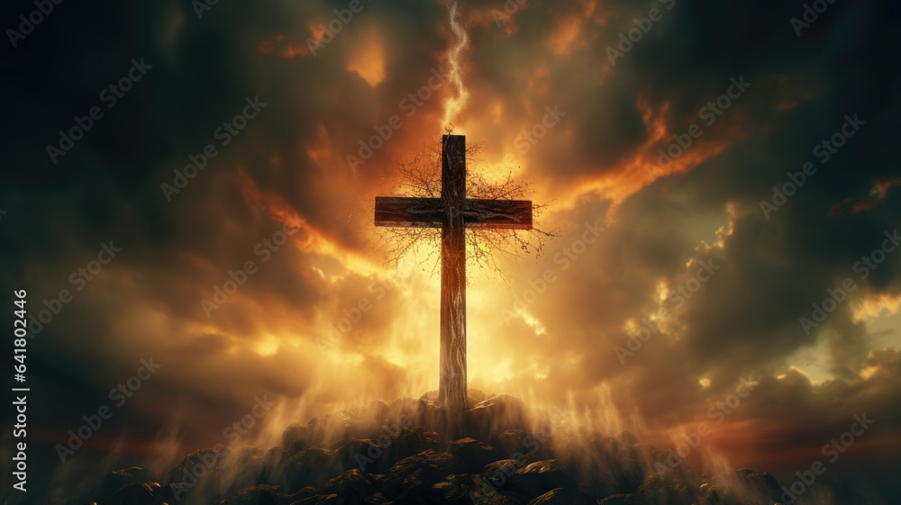 Cross of Redemption: A Powerful Image of a Cross, Symbolizing the Sacrifice and Redemption in Christianity and God. AI Generated 8K.