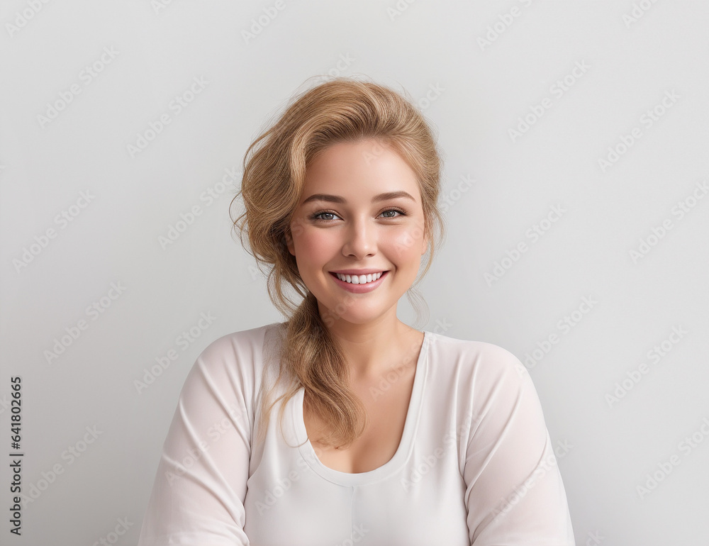 A woman on white background for advertisement. Copy space. She is smiling with a laugh. Help for dentist, office, HR, web assistant, online support. Positive and confident saleswoman or businesswoman. A woman on white background for advertisement. Copy space. She is smiling with a laugh. Help for dentist, office, HR, web assistant, online support. Positive and confident saleswoman or businesswoman.