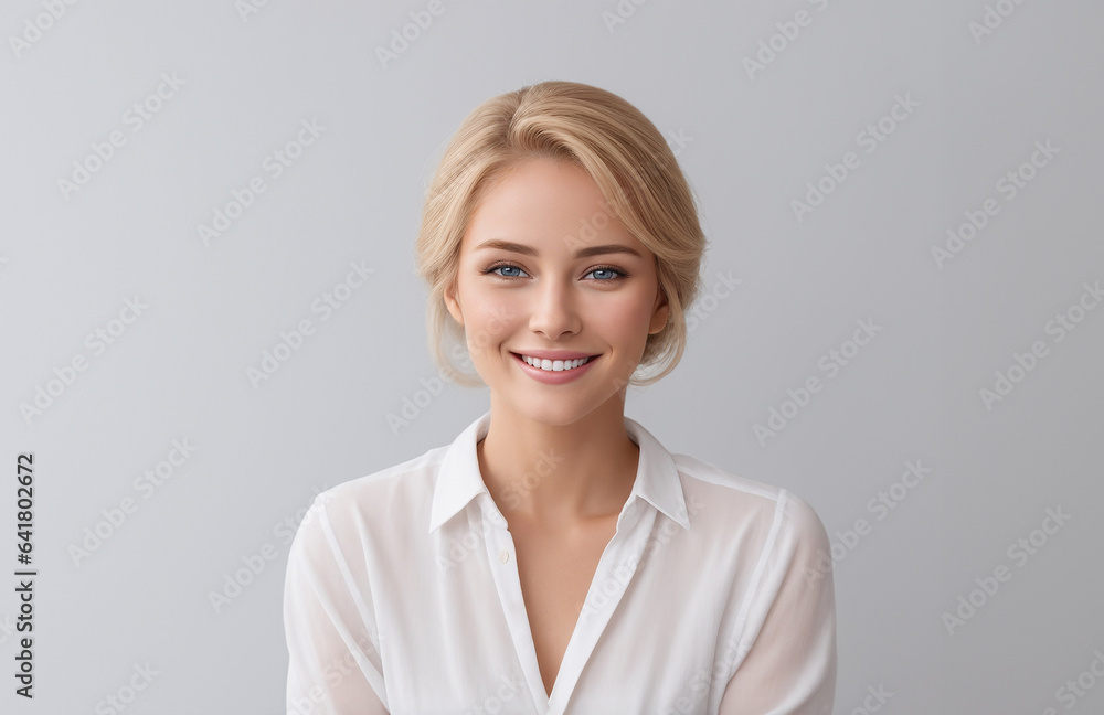 A woman on white background for advertisement. Copy space. She is smiling with a laugh. Help for dentist, office, HR, web assistant, online support. Positive and confident saleswoman or businesswoman. A woman on white background for advertisement. Copy space. She is smiling with a laugh. Help for dentist, office, HR, web assistant, online support. Positive and confident saleswoman or businesswoman.