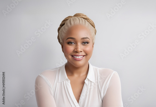 A woman on white background for advertisement. Copy space. She is smiling with a laugh. Help for dentist, office, HR, web assistant, online support. Positive and confident saleswoman or businesswoman.