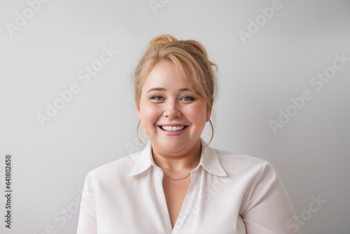 A woman on white background for advertisement. Copy space. She is smiling with a laugh. Help for dentist, office, HR, web assistant, online support. Positive and confident saleswoman or businesswoman.