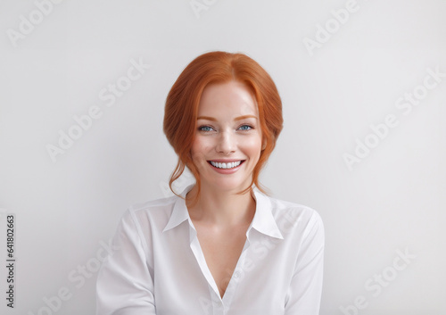 A woman on white background for advertisement. Copy space. She is smiling with a laugh. Help for dentist, office, HR, web assistant, online support. Positive and confident saleswoman or businesswoman.