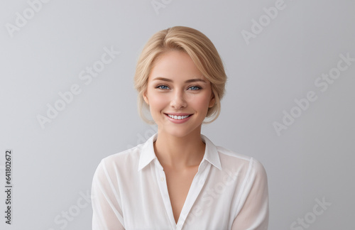 A woman on white background for advertisement. Copy space. She is smiling with a laugh. Help for dentist, office, HR, web assistant, online support. Positive and confident saleswoman or businesswoman.