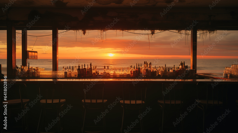 Generative AI, summer sunset beach bar background. Outdoor restaurant, Led light candles and wooden tables, chairs under beautiful sunset sky, sea view.	