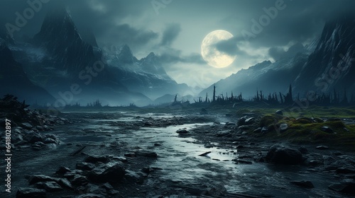 Epic gloomy landscape close - up. Moonlight breaks through heavy clouds and illuminates sections of the gloomy valley, dissipating in the fog, Cinematic
